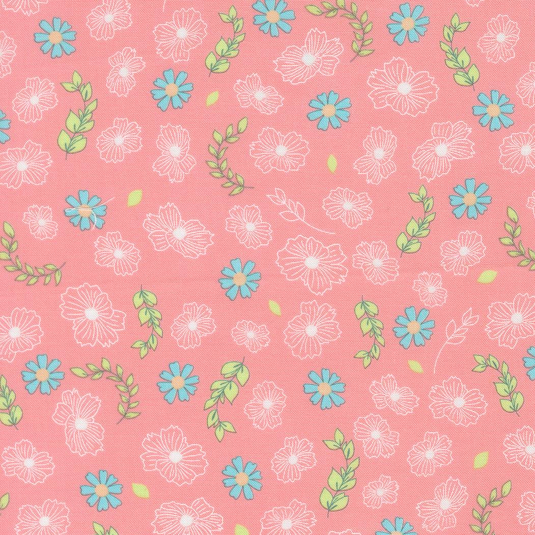 a repeating pattern of pink flowers and green leaves on a pink background.