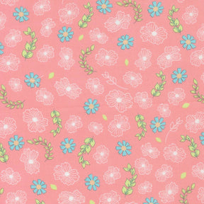 a repeating pattern of pink flowers and green leaves on a pink background.