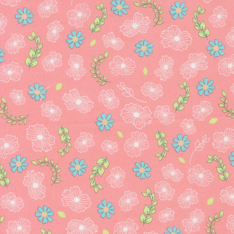 a repeating pattern of pink flowers and green leaves on a pink background.
