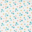 a repeating pattern of small blue, orange, and white flowers on a white background.