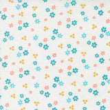 a repeating pattern of small blue, orange, and white flowers on a white background.