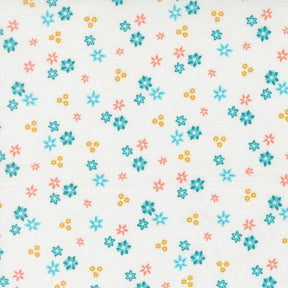 a repeating pattern of small blue, orange, and white flowers on a white background.