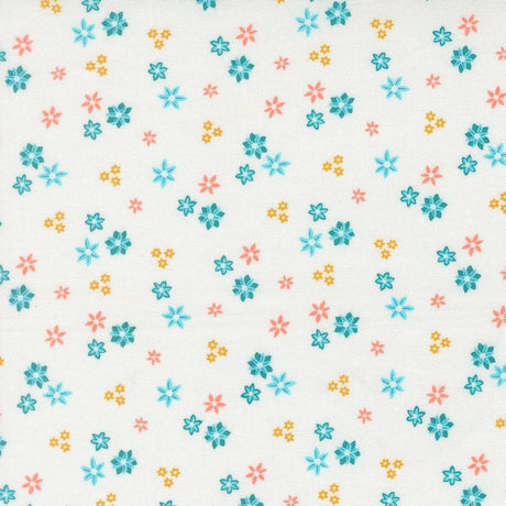 a repeating pattern of small blue, orange, and white flowers on a white background.