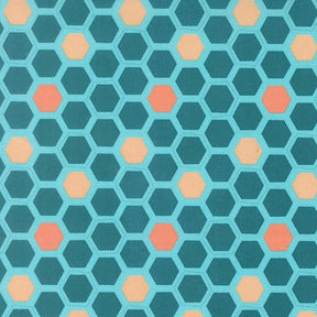 a repeating pattern of hexagons in shades of blue and orange, creating a visually striking and geometric design.