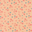 a repeating pattern of small flowers in various shades of pink and blue against a peach background.