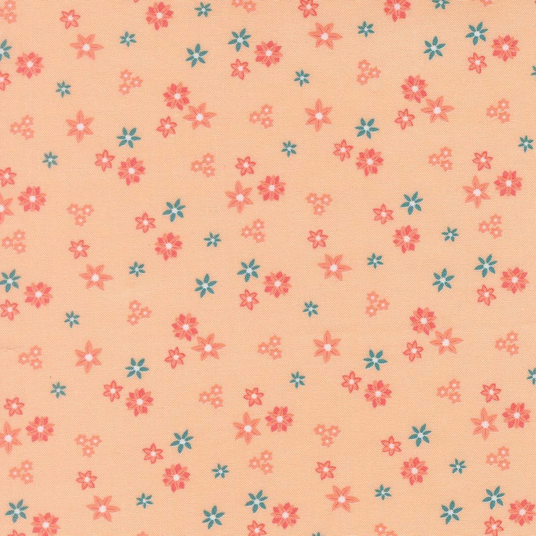 a repeating pattern of small flowers in various shades of pink and blue against a peach background.
