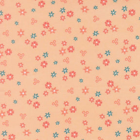 a repeating pattern of small flowers in various shades of pink and blue against a peach background.