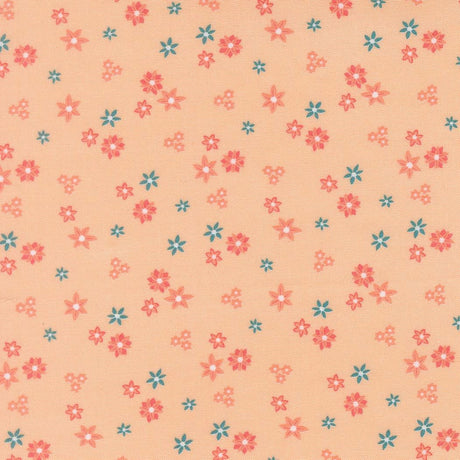 a repeating pattern of small flowers in various shades of pink and blue against a peach background.