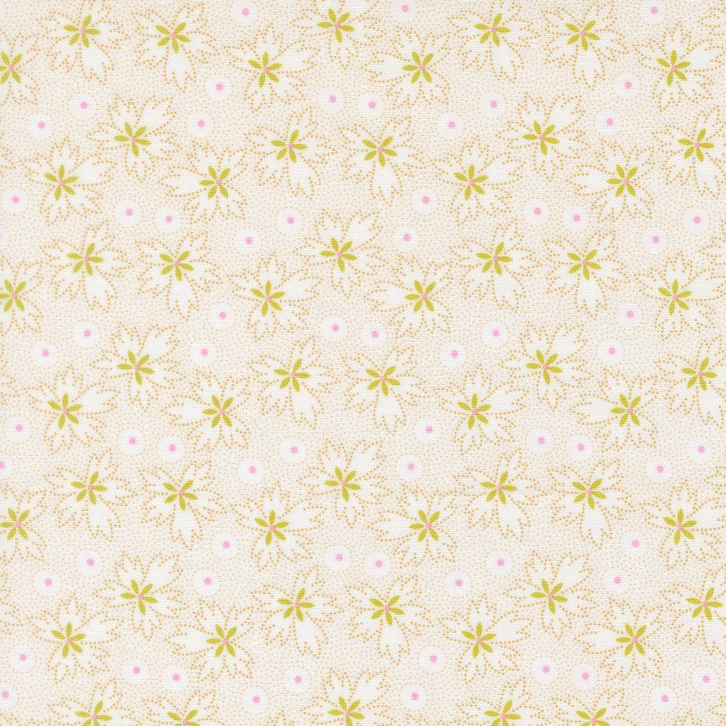 a repeating pattern of yellow and white flowers with small pink dots, creating a visually appealing and harmonious design.