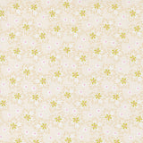 a repeating pattern of yellow and white flowers with small pink dots, creating a visually appealing and harmonious design.