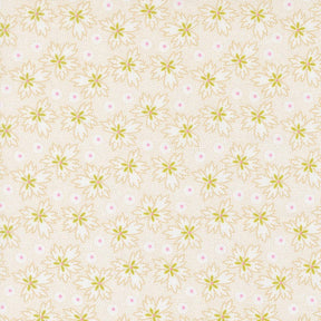a repeating pattern of yellow and white flowers with small pink dots, creating a visually appealing and harmonious design.