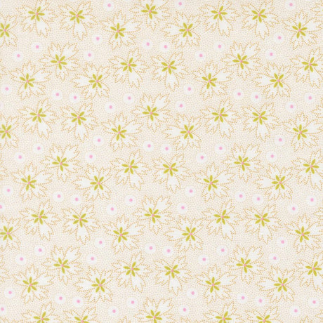 a repeating pattern of yellow and white flowers with small pink dots, creating a visually appealing and harmonious design.