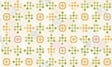 The image is a repeating pattern of various geometric shapes and designs, including squares, circles, and triangles, in shades of green, orange, and gray.