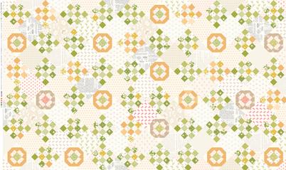 The image is a repeating pattern of various geometric shapes and designs, including squares, circles, and triangles, in shades of green, orange, and gray.