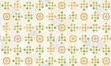 The image is a repeating pattern of various geometric shapes and designs, including squares, circles, and triangles, in shades of green, orange, and gray.