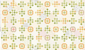 The image is a repeating pattern of various geometric shapes and designs, including squares, circles, and triangles, in shades of green, orange, and gray.