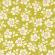 a repeating pattern of white flowers with pink centers against a green background.