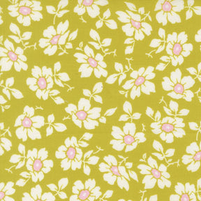 a repeating pattern of white flowers with pink centers against a green background.