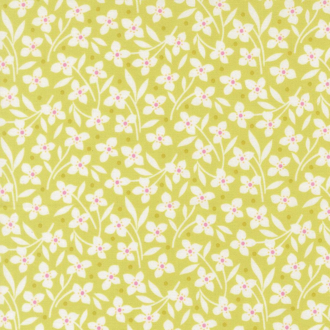 a repeating pattern of white flowers with pink centers against a yellow background.