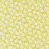 a repeating pattern of white flowers with pink centers against a yellow background.
