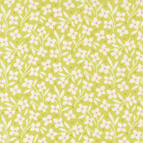 a repeating pattern of white flowers with pink centers against a yellow background.