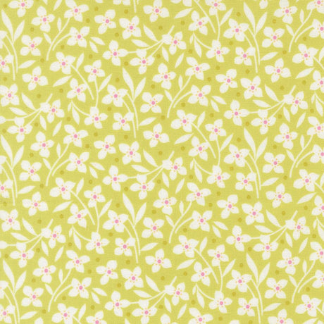 a repeating pattern of white flowers with pink centers against a yellow background.