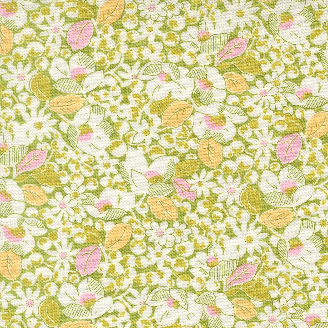 The image is a vibrant and colorful floral pattern with various shades of green, yellow, and white flowers and leaves. The pattern is filled with a diverse array of flowers and leaves, creating a visually striking and lively design.