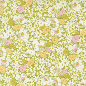 The image is a vibrant and colorful floral pattern with various shades of green, yellow, and white flowers and leaves. The pattern is filled with a diverse array of flowers and leaves, creating a visually striking and lively design.