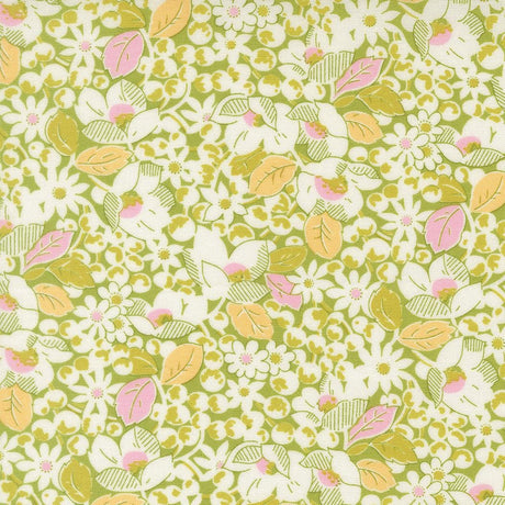 The image is a vibrant and colorful floral pattern with various shades of green, yellow, and white flowers and leaves. The pattern is filled with a diverse array of flowers and leaves, creating a visually striking and lively design.