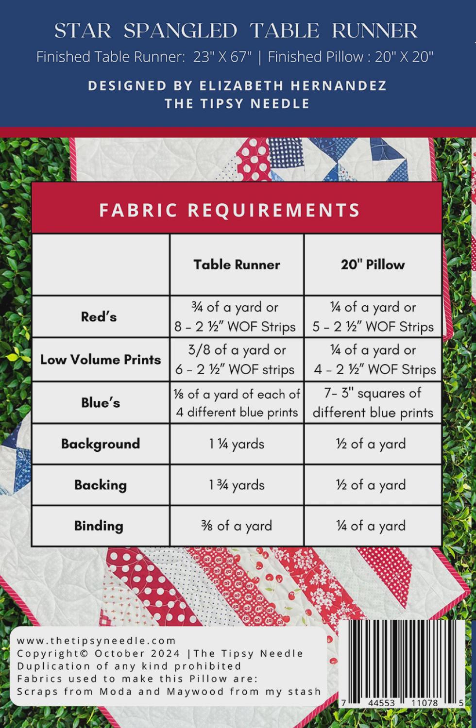 Star Spangled Table Runner Pattern by The Tipsy Needle for Sew Chic Fabric TTN-138 Size 21" x 60"