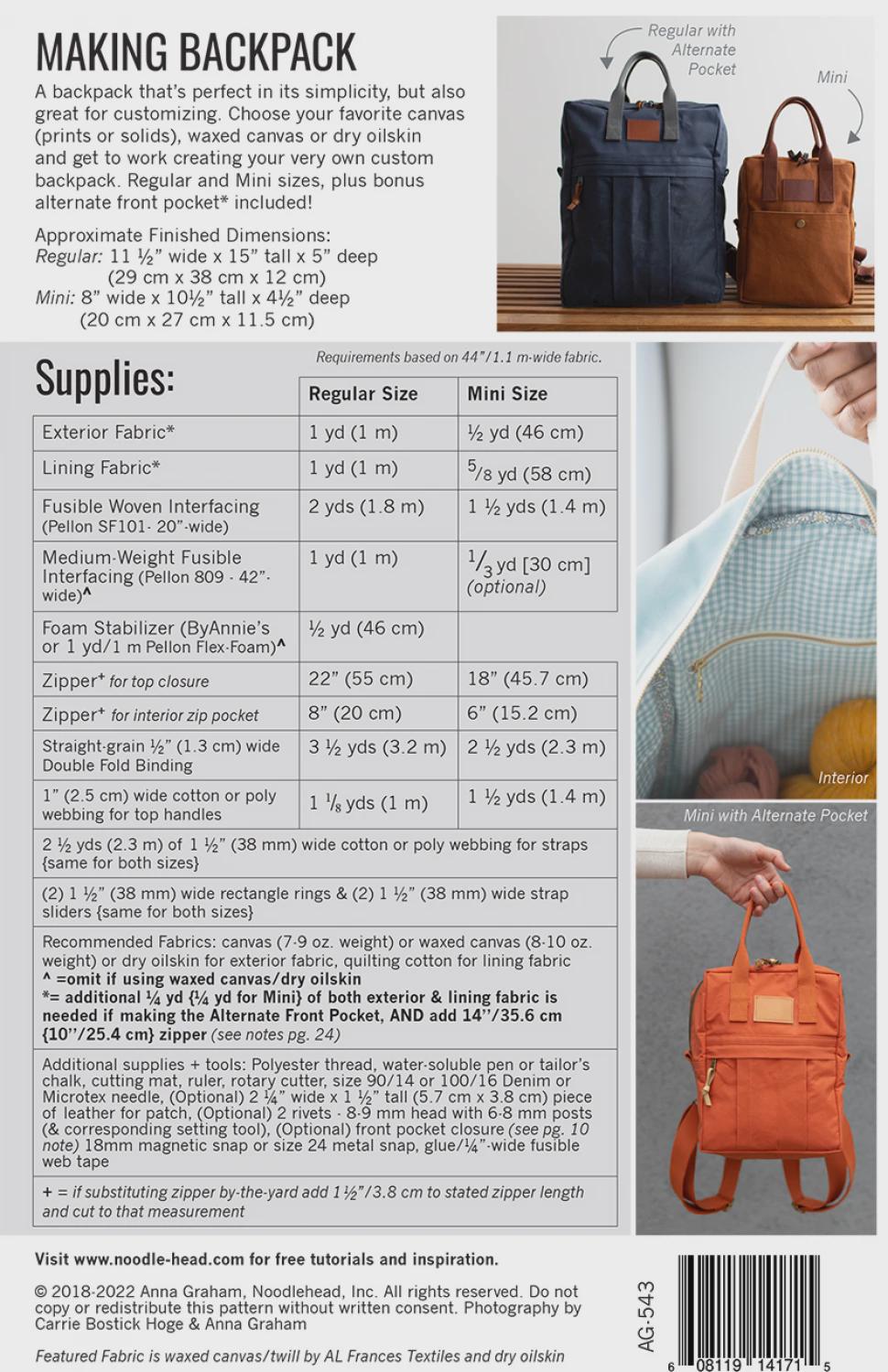 Making Backpack Pattern AG543 From Noodlehead By Anna Graham 2 sizes