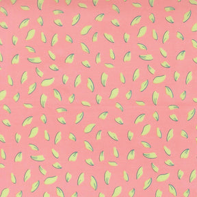 a pattern of pink and yellow leaves scattered across a pink background.