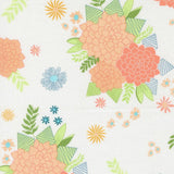 a vibrant and colorful floral pattern with various flowers and leaves in shades of pink, orange, blue, and green. The pattern is composed of multiple smaller images of flowers and leaves, creating a visually appealing and dynamic design.