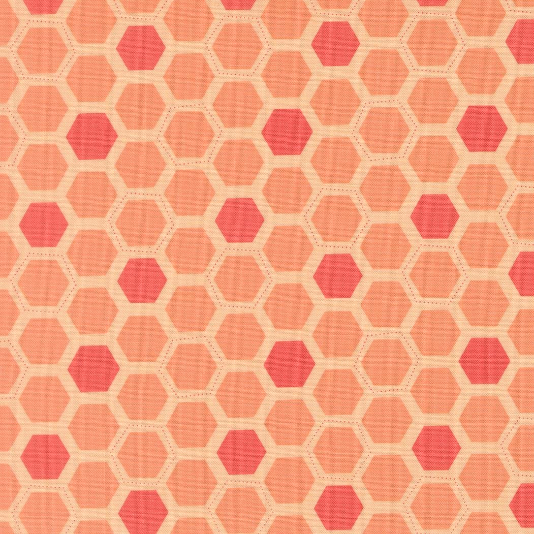 a repeating pattern of hexagons in shades of orange and red, creating a visually striking and geometric design.