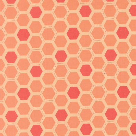 a repeating pattern of hexagons in shades of orange and red, creating a visually striking and geometric design.