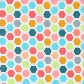 a repeating pattern of colorful hexagons in various shades of pink, blue, green, yellow, and orange.
