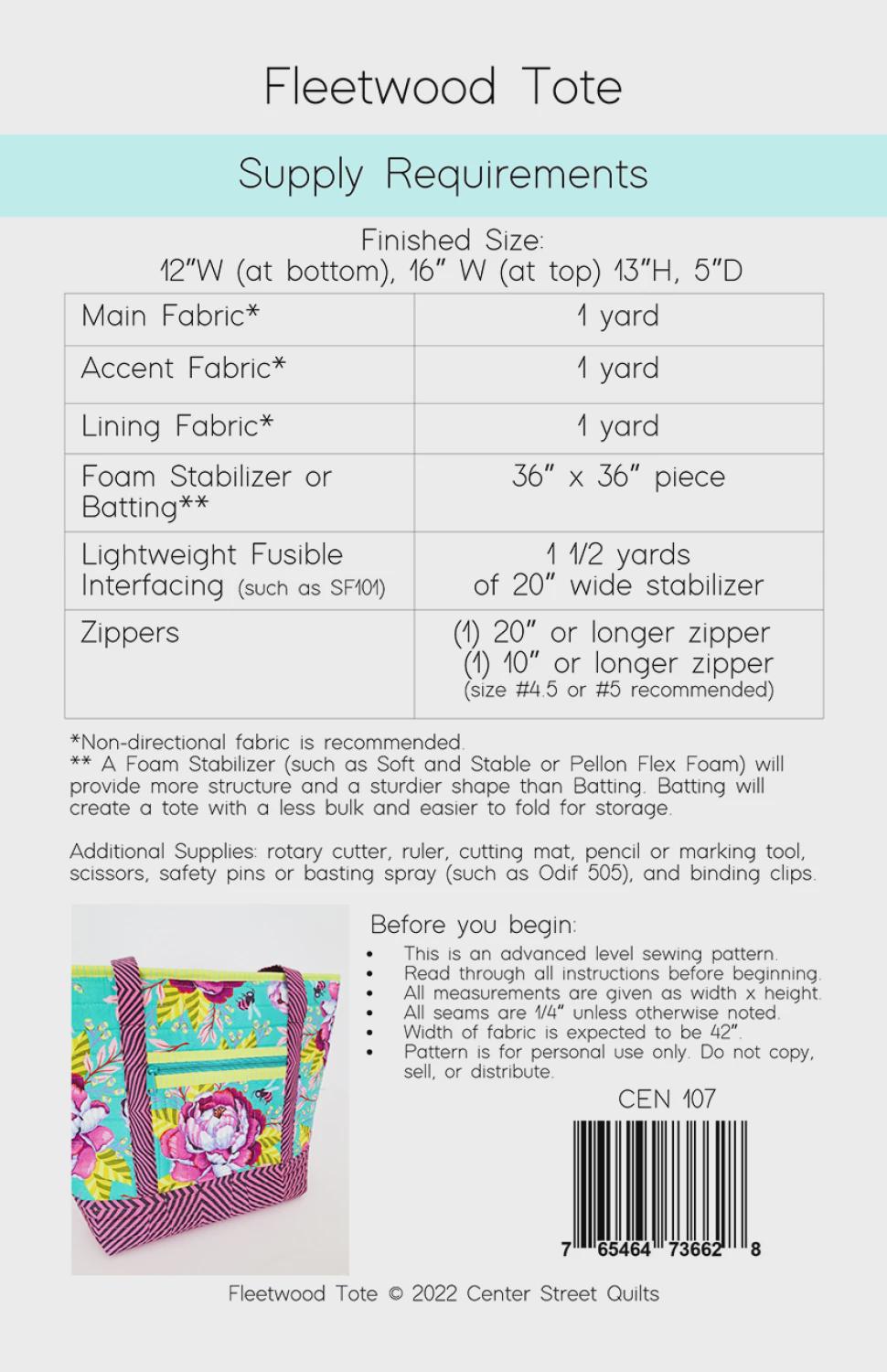 Fleetwood Tote Pattern CEN107 by Center Street Quilts