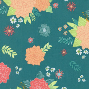a vibrant and colorful floral pattern with various flowers and leaves in shades of orange, pink, and green against a dark green background.