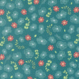 a repeating pattern of pink and white flowers and green leaves on a dark green background.