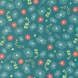 a repeating pattern of pink and white flowers and green leaves on a dark green background.