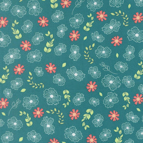 a repeating pattern of pink and white flowers and green leaves on a dark green background.