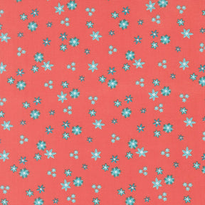 a pattern of small blue and white flowers scattered across a bright red background.