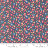 The image is a close-up of a fabric with a floral pattern, featuring small red, pink, and blue flowers scattered across a dark blue background.