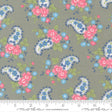 a repeating pattern of paisley designs with pink and blue flowers on a grey background.