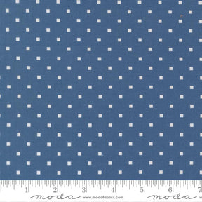 a close-up view of a fabric with a blue background and white polka dots. The fabric appears to be a type of material with a dotted pattern, possibly used for clothing or home decor.