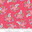 The image is a vibrant red fabric with a repeating paisley pattern of pink and blue flowers and leaves.
