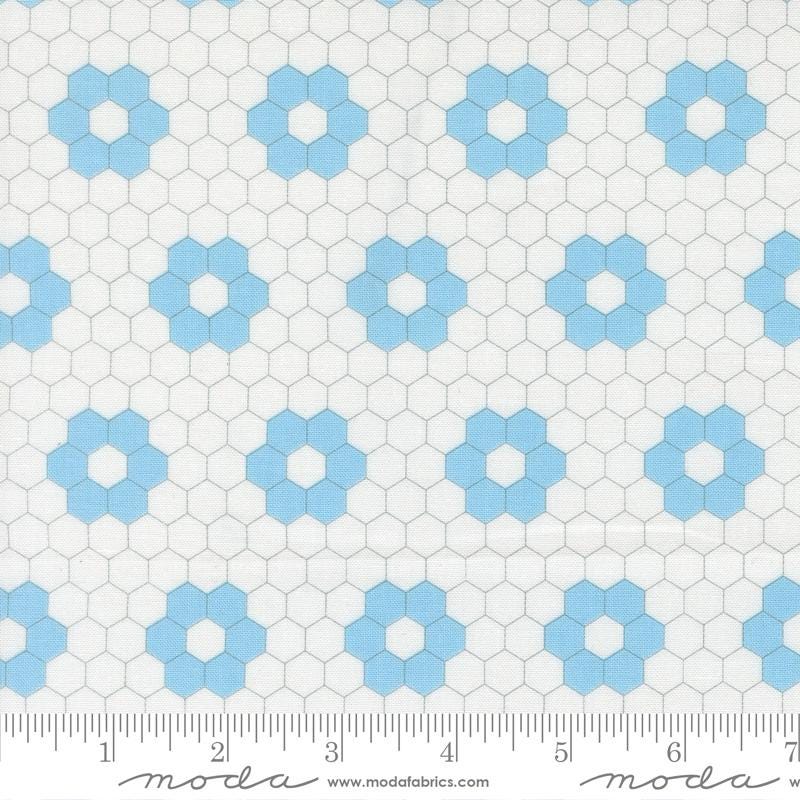 a repeating pattern of blue hexagonal shapes on a white background.