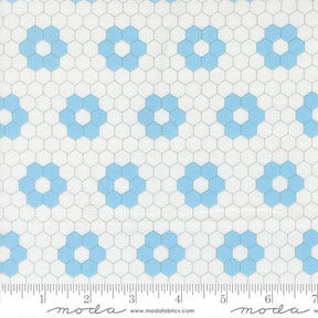 a repeating pattern of blue hexagonal shapes on a white background.