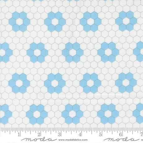 a repeating pattern of blue hexagonal shapes on a white background.