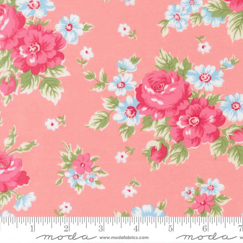 a vibrant floral pattern with pink and white flowers against a peach background.